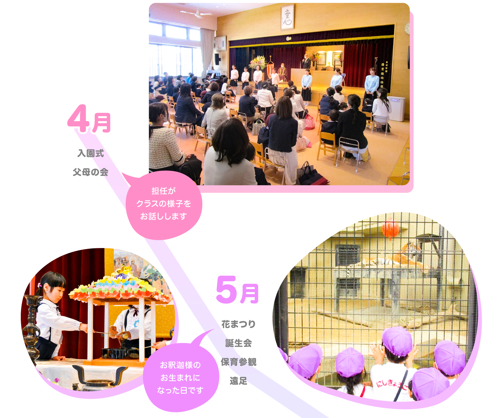 【4月】入園式/父母の会 【5月】花まつり/誕生会/保育参観/遠足